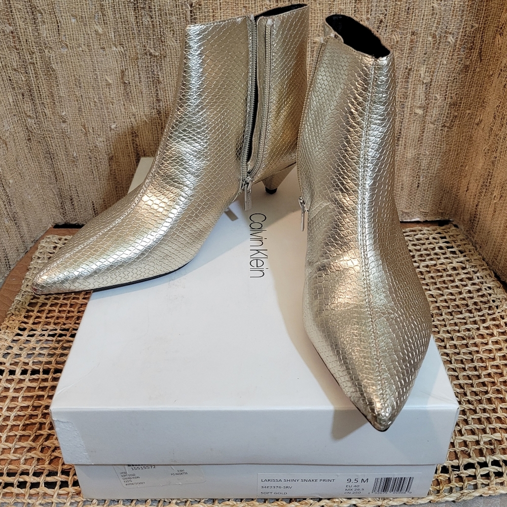 Calvin Klein Larissa Women's Leather Gold Ankle Boot with Kitten Heel